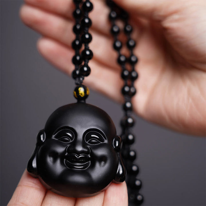 Buddha Stones天然黒曜石 笑う仏陀 浄化ネックレスペンダント