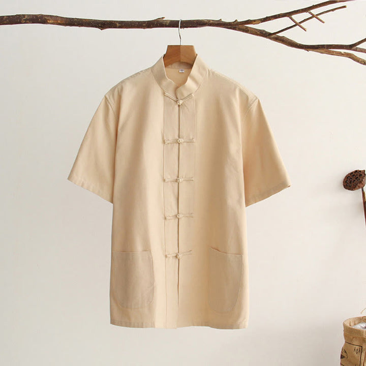 Buddha Stones中国風 カエルボタン 唐装 メンズ 半袖 コットンシャツ ポケット付き - ビスク - US/UK/AU44、 EU54 (4XL) - image 11