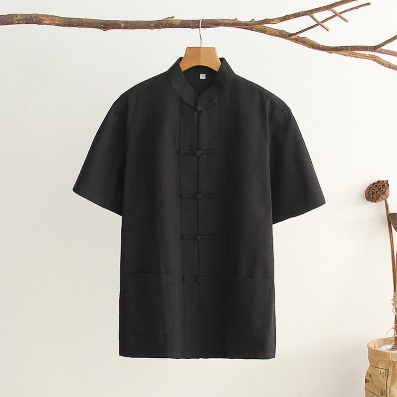 Buddha Stones中国風 カエルボタン 唐装 メンズ 半袖 コットンシャツ ポケット付き - 黒 - US/UK/AU44、 EU54 (4XL) - image 19