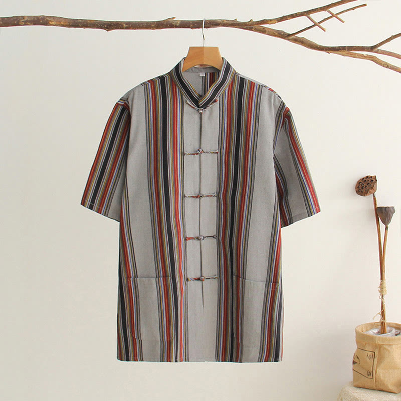 Buddha Stones中国風 カエルボタン 唐装 メンズ 半袖 コットンシャツ ポケット付き - ダークグレー - US/UK/AU44、 EU54 (4XL) - image 25