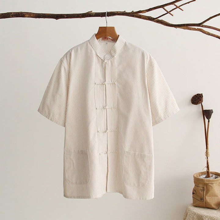 Buddha Stones中国風 カエルボタン 唐装 メンズ 半袖 コットンシャツ ポケット付き - リネン - US/UK/AU44、 EU54 (4XL) - image 21