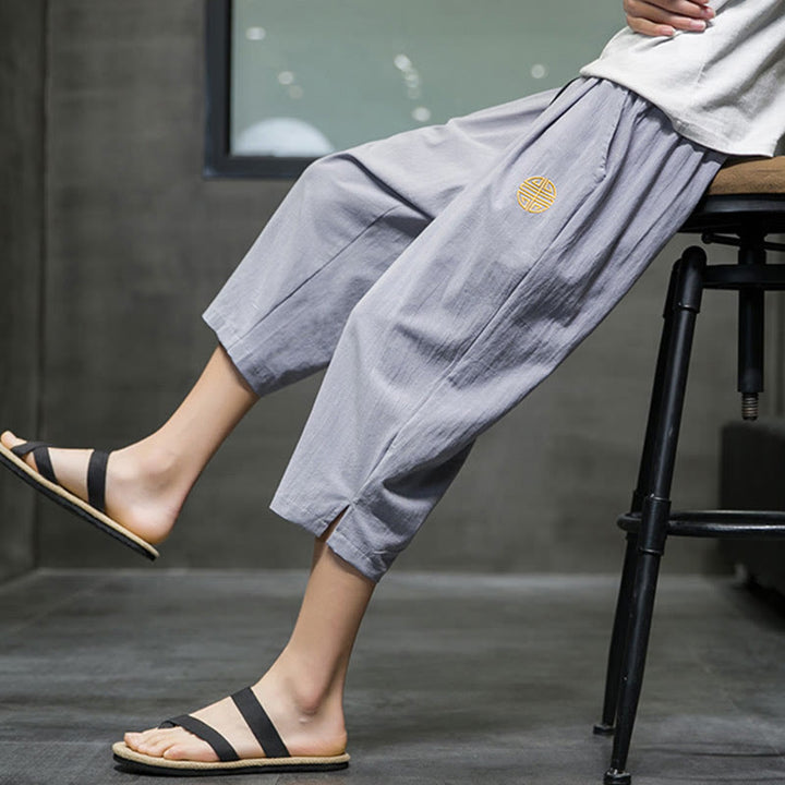 Buddha Stonesサマー メンズ リネン ドローストリング クロップドパンツ ポケット付き - image 25