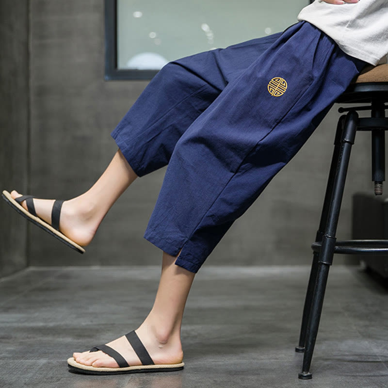 Buddha Stonesサマー メンズ リネン ドローストリング クロップドパンツ ポケット付き - image 5