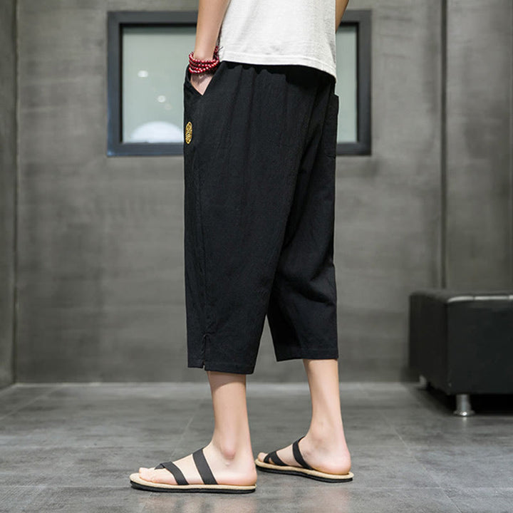 Buddha Stonesサマー メンズ リネン ドローストリング クロップドパンツ ポケット付き - image 12