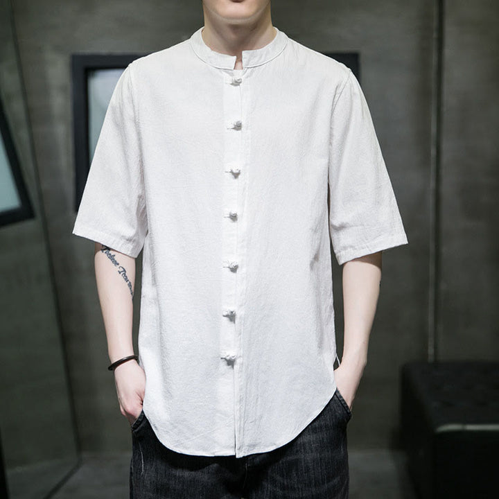 Buddha Stones無地 メンズ 半袖 コットンシャツ - 白 - US/UK/AU46、 EU56 (5XL)  - image 1