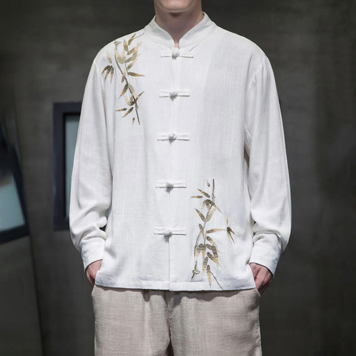 Buddha Stones中国風 カエルボタン 唐装 竹の葉 長袖シャツ コットンリネン メンズジャケット - 白 - US/UK/AU46、 EU56 (5XL)  - image 0