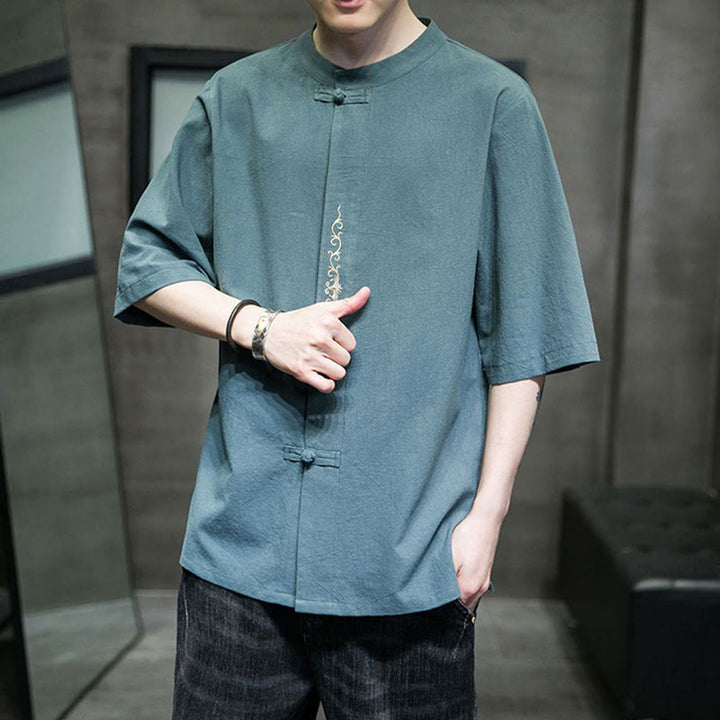 Buddha Stones無地 カエルボタン 刺繍 メンズ 半袖 コットンシャツ - image 7