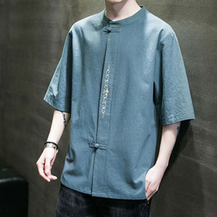 Buddha Stones無地 カエルボタン 刺繍 メンズ 半袖 コットンシャツ - image 2