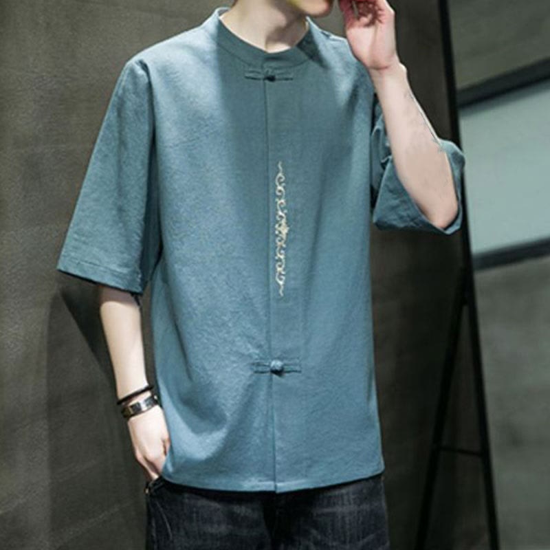 Buddha Stones無地 カエルボタン 刺繍 メンズ 半袖 コットンシャツ - image 1