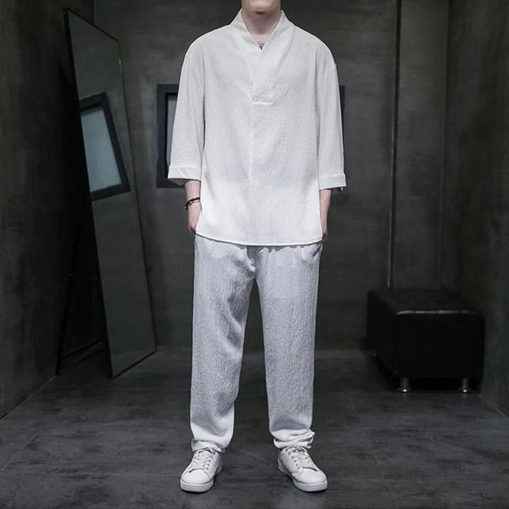 Buddha Stones無地 七分袖シャツ カジュアルパンツ 服 メンズ セット - 白 - US/UK/AU44、 EU54 (4XL) - image 0