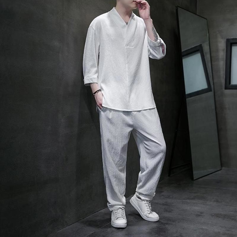 Buddha Stones無地 七分袖シャツ カジュアルパンツ 服 メンズ セット - image 1