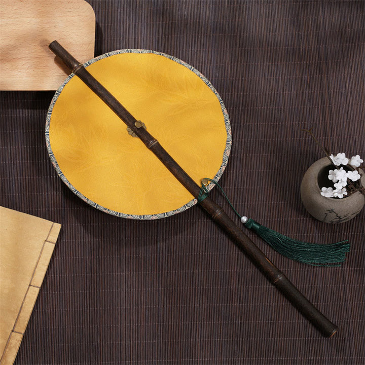 Buddha Stones手作り 桜 竹葉 ブドウ柄 長い紫竹ハンドル 携帯用 巻き上げ扇風機