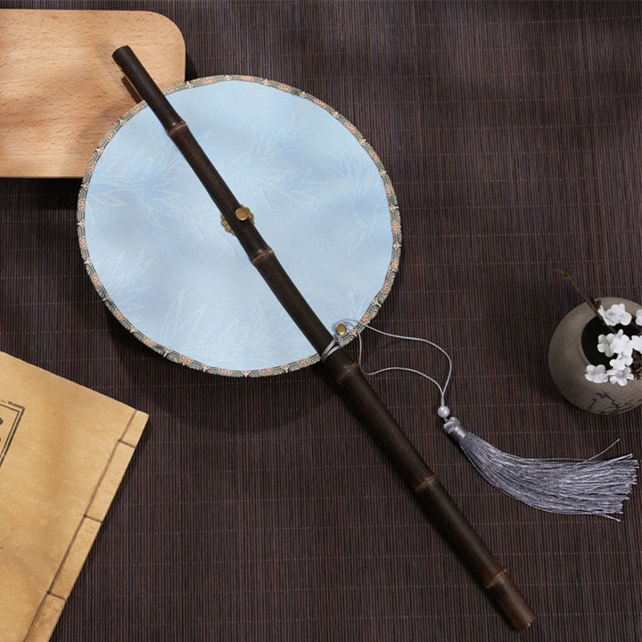 Buddha Stones手作り 桜 竹葉 ブドウ柄 長い紫竹ハンドル 携帯用 巻き上げ扇風機