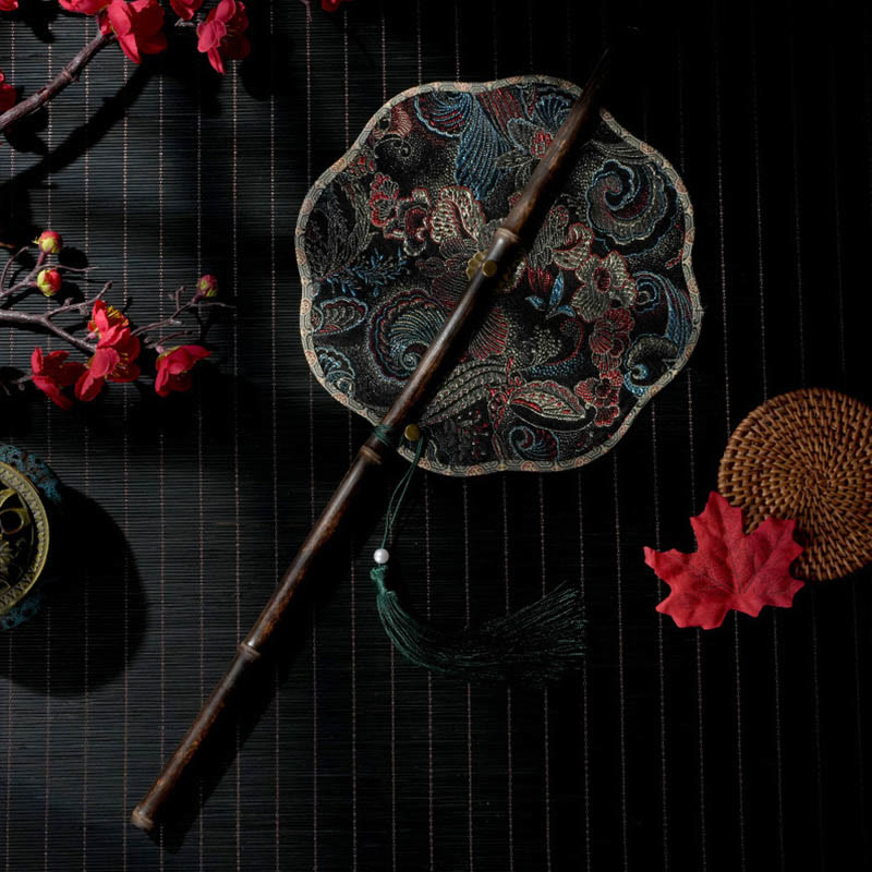 Buddha Stones手作り 貝殻 鱗 葉 葉脈 模様 紫色の長い竹製ハンドル 携帯用 巻き上げ式扇風機