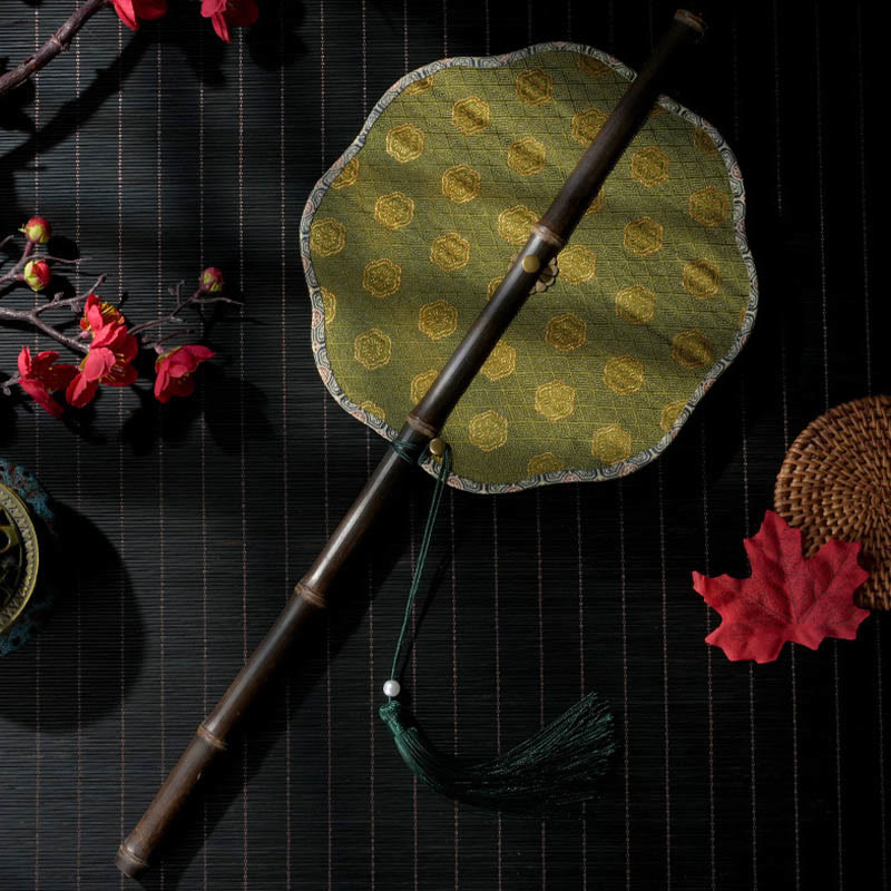 Buddha Stones手作り 貝殻 鱗 葉 葉脈 模様 紫色の長い竹製ハンドル 携帯用 巻き上げ式扇風機