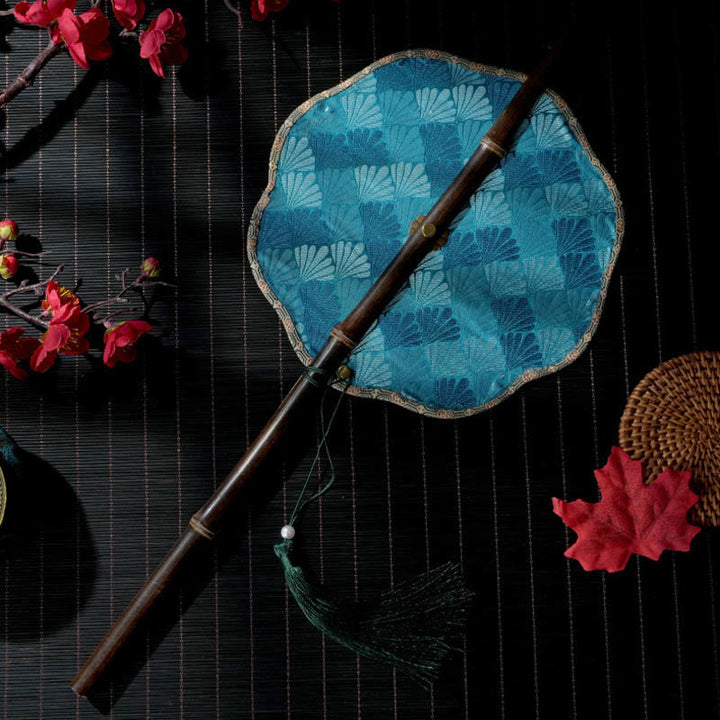 Buddha Stones手作り 貝殻 鱗 葉 葉脈 模様 紫色の長い竹製ハンドル 携帯用 巻き上げ式扇風機