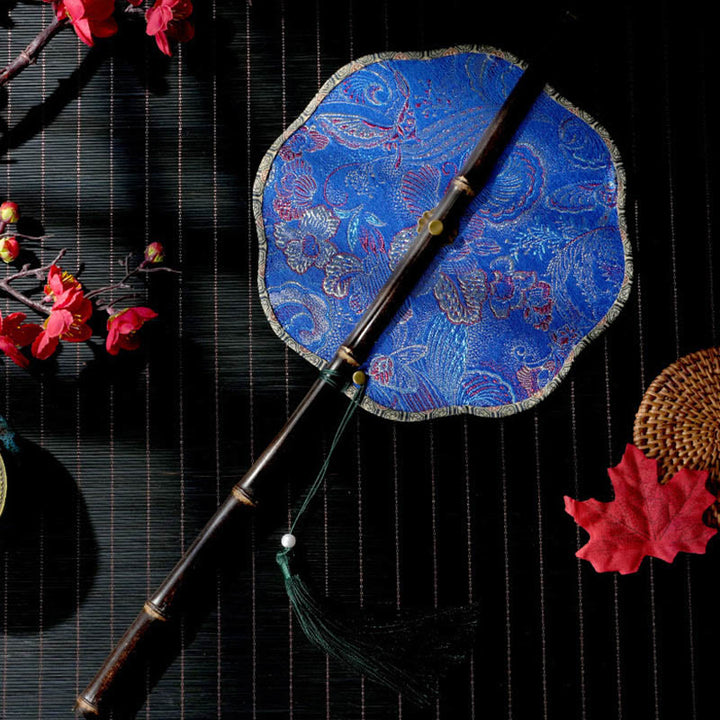 Buddha Stones手作り 貝殻 鱗 葉 葉脈 模様 紫色の長い竹製ハンドル 携帯用 巻き上げ式扇風機