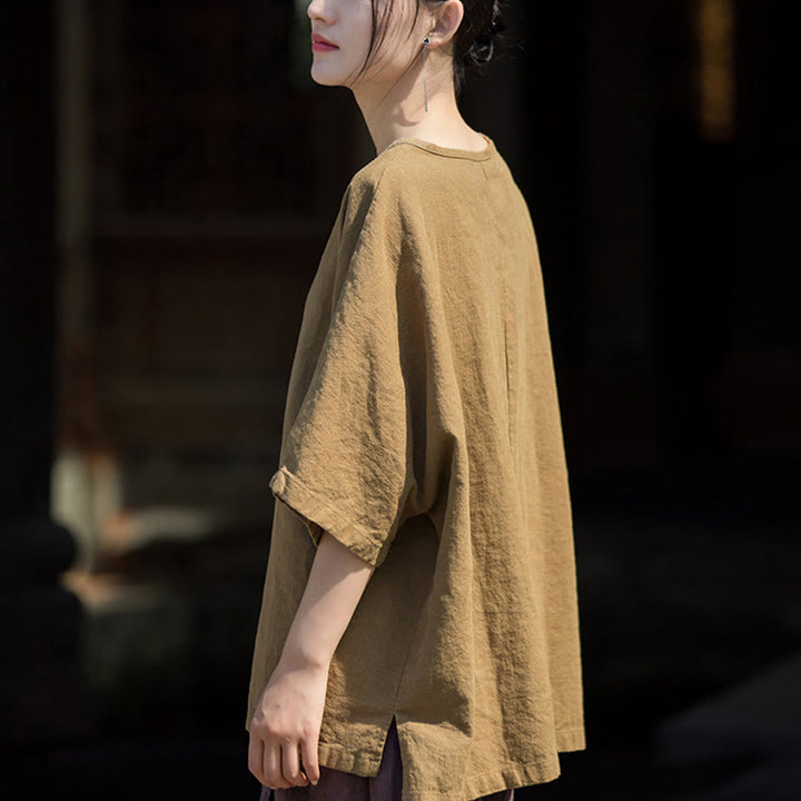 Buddha Stonesカジュアル ハーフスリーブ ラミー リネン コットン Tシャツ