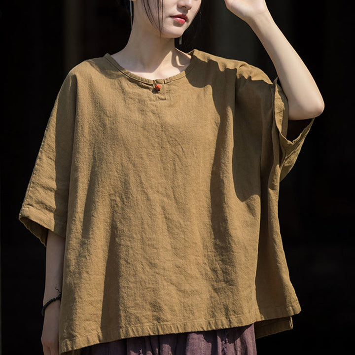 Buddha Stonesカジュアル ハーフスリーブ ラミー リネン コットン Tシャツ