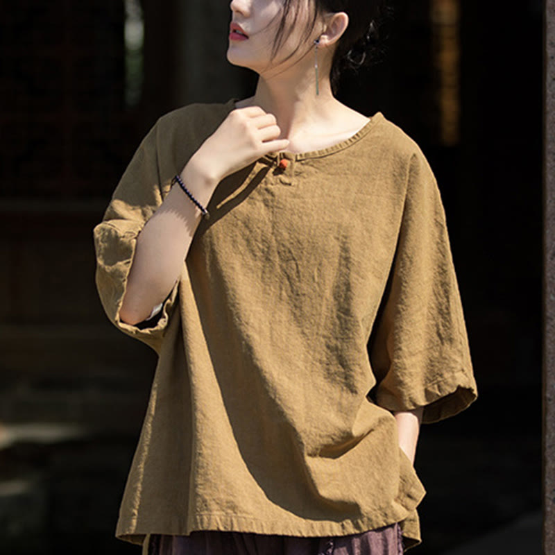 Buddha Stonesカジュアル ハーフスリーブ ラミー リネン コットン Tシャツ