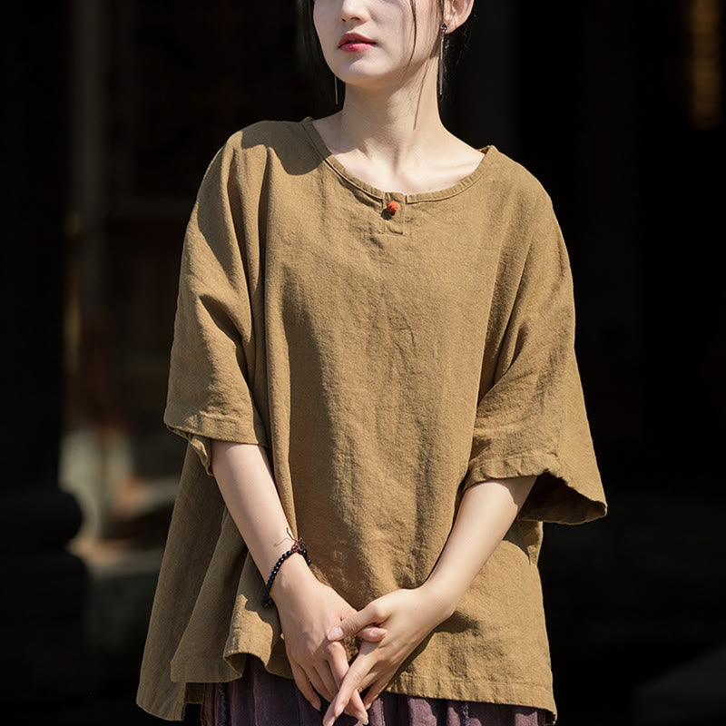 Buddha Stonesカジュアル ハーフスリーブ ラミー リネン コットン Tシャツ