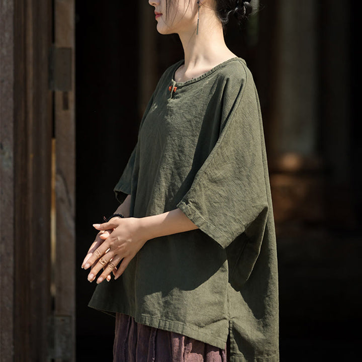 Buddha Stonesカジュアル ハーフスリーブ ラミー リネン コットン Tシャツ