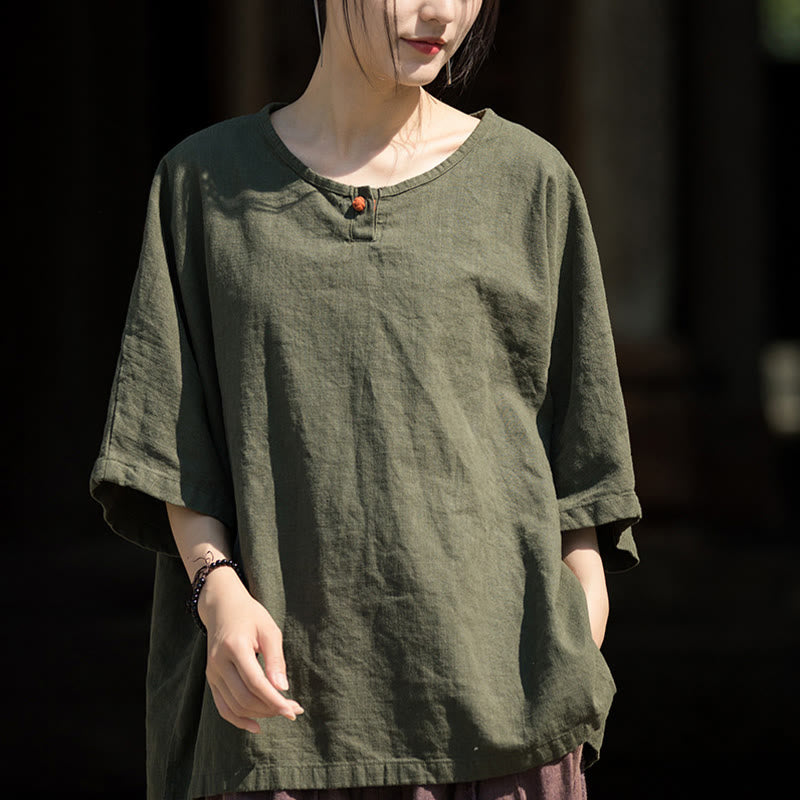 Buddha Stonesカジュアル ハーフスリーブ ラミー リネン コットン Tシャツ