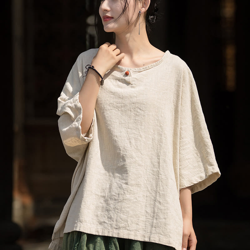 Buddha Stonesカジュアル ハーフスリーブ ラミー リネン コットン Tシャツ