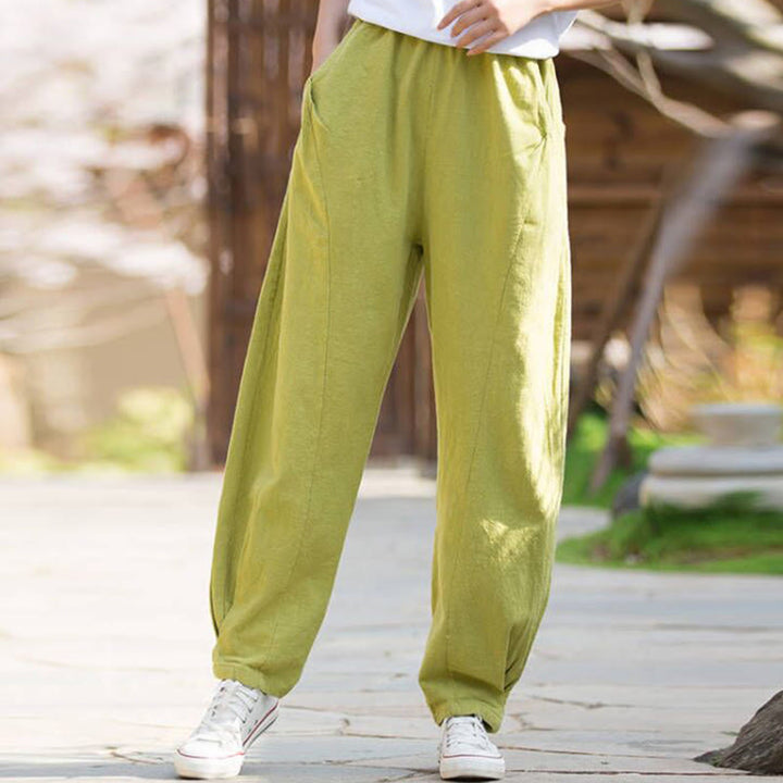 Buddha Stonesカジュアル ラミー リネン コットン ヨガパンツ ポケット付き - グリーンイエロー - US4、 UK/AU8、 EU36 (L) - image 0