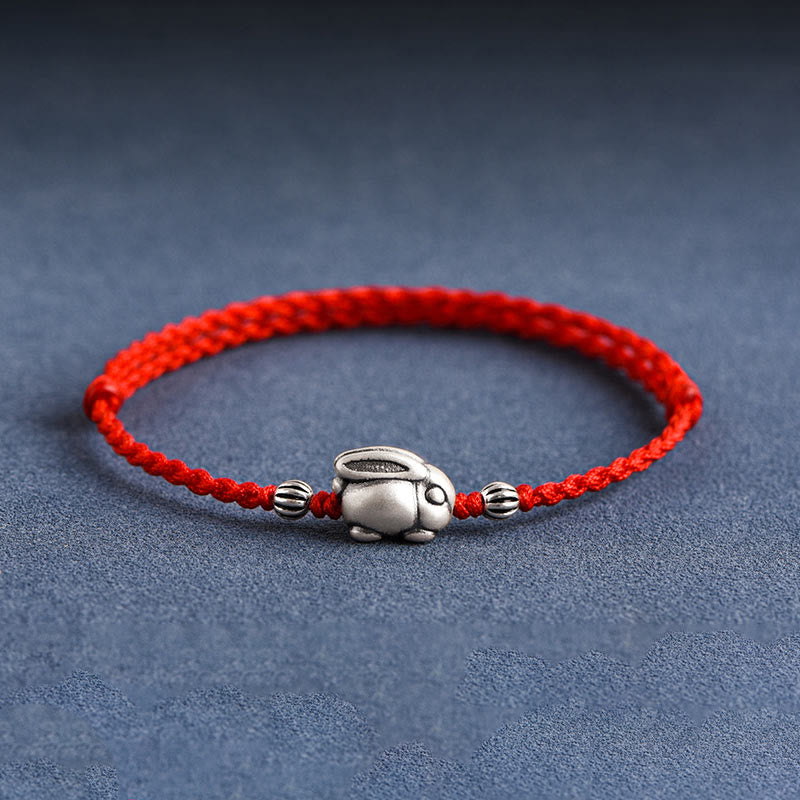 Buddha Stonesハンドメイド999スターリングシルバーウサギ幸運ロープブレスレットアンクレット