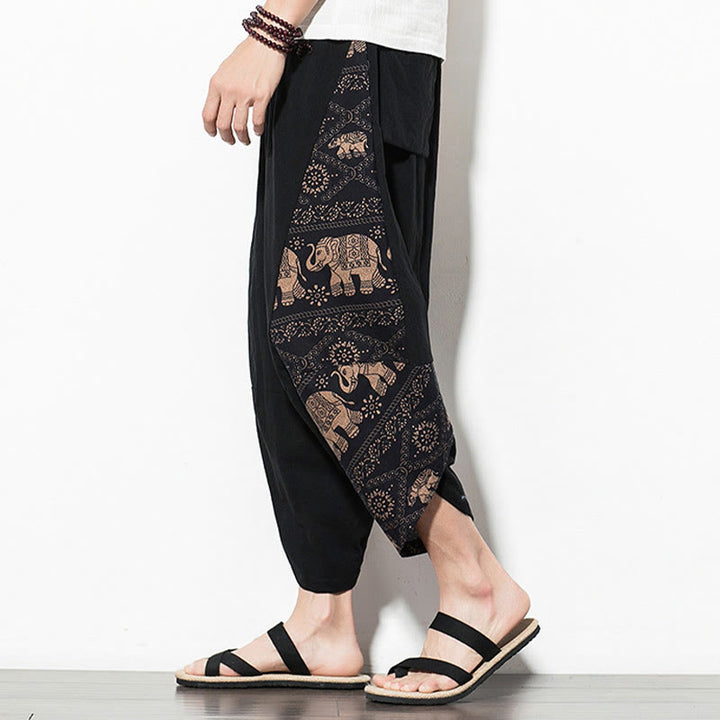 Buddha Stonesブラウン エレファントプリント コットン メンズ クロップド ハーレムパンツ ポケット付き - image 4