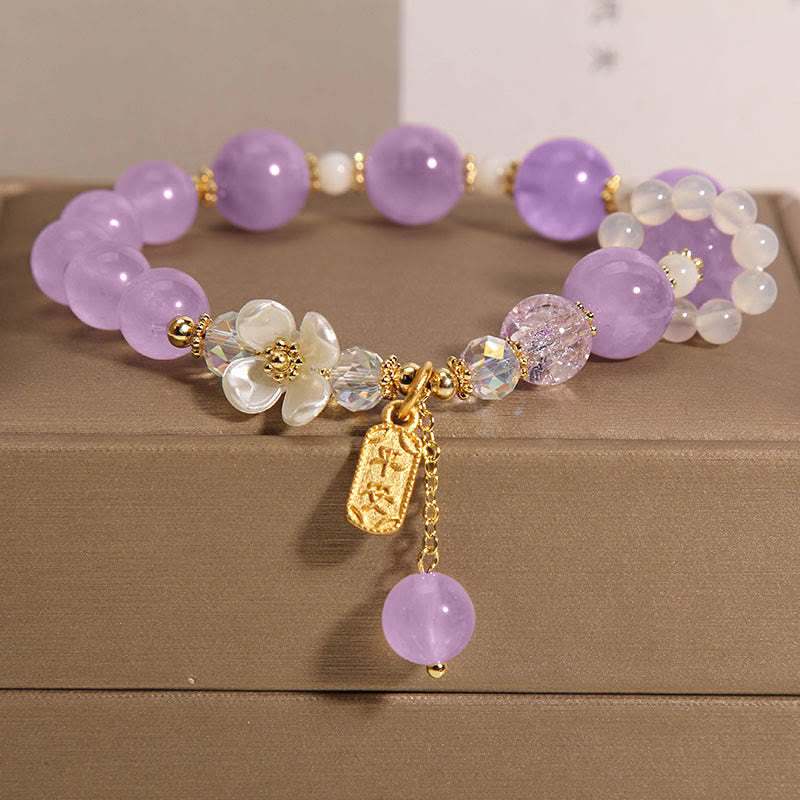 Buddha Stones 天然ブルークォーツ&アメジスト&カルセドニーフラワーモチーフ ヒーリングブレスレット