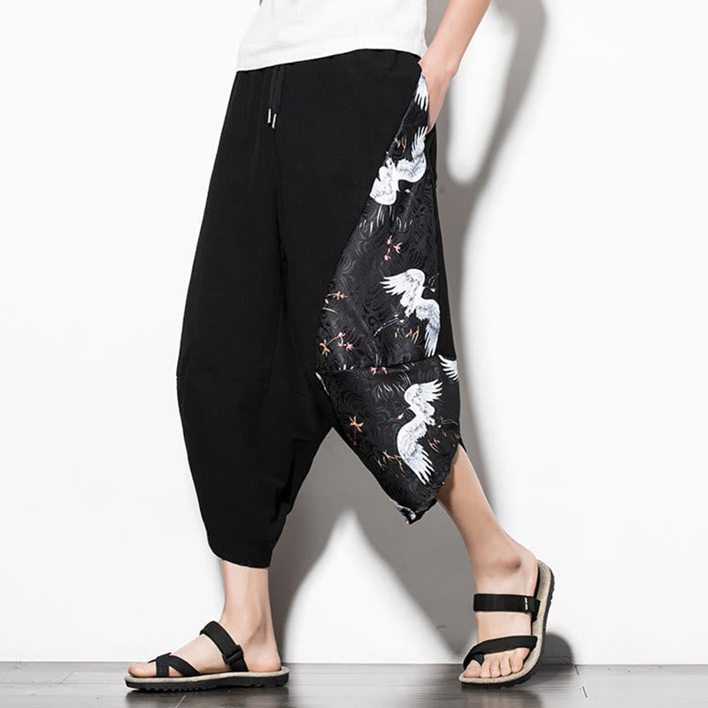 Buddha Stonesホワイトクレーンプリント コットン メンズ クロップド ハーレムパンツ ポケット付き - image 1