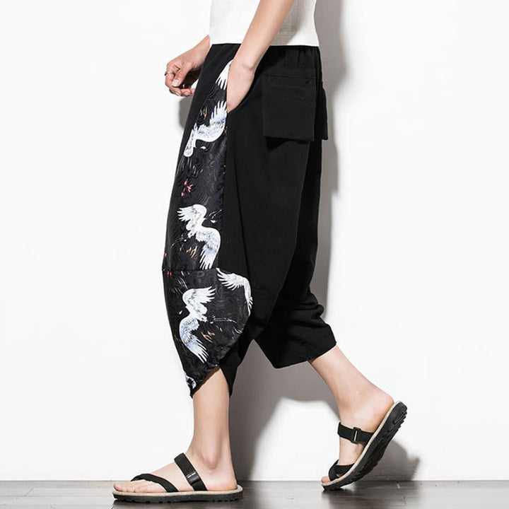 Buddha Stonesホワイトクレーンプリント コットン メンズ クロップド ハーレムパンツ ポケット付き - image 7