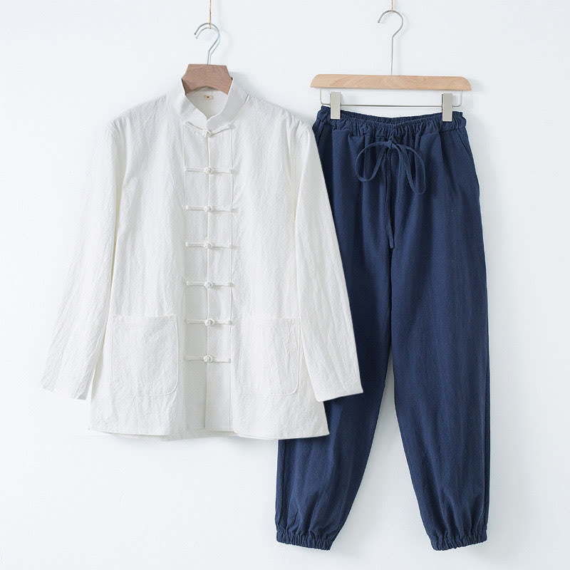 Buddha Stones瞑想カエルボタン唐草長袖シャツパンツメンズスーツ - 白シャツ&濃紺パンツ - US/UK/AU44、 EU54 (4XL) - image 21