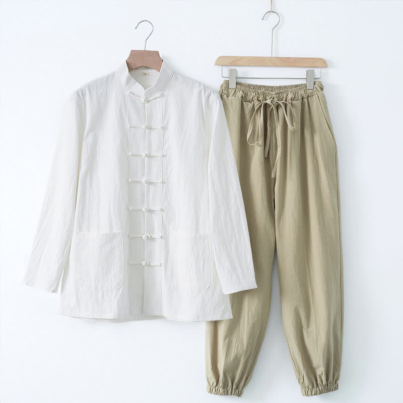 Buddha Stones瞑想カエルボタン唐草長袖シャツパンツメンズスーツ - ホワイトシャツ&タンパンツ - US/UK/AU44、 EU54 (4XL) - image 18