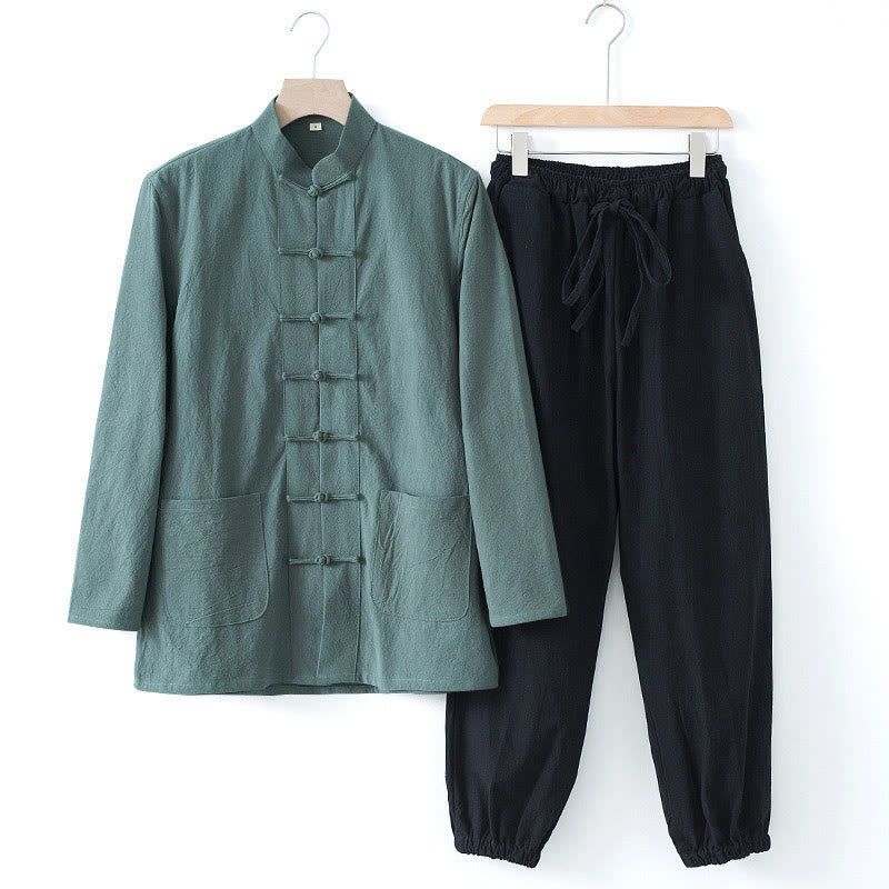 Buddha Stones瞑想カエルボタン唐草長袖シャツパンツメンズスーツ - カデットブルーシャツ&ブラックパンツ - US/UK/AU44、 EU54 (4XL) - image 24