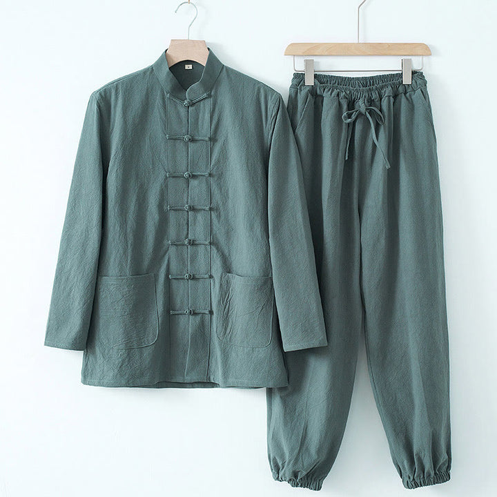 Buddha Stones瞑想カエルボタン唐草長袖シャツパンツメンズスーツ - カデットブルーシャツ&カデットブルーパンツ - US/UK/AU44、 EU54 (4XL) - image 13