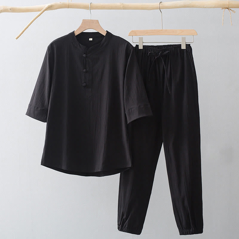 Buddha Stonesフロッグボタン 七分袖シャツパンツ メンズスーツ - 黒シャツ&黒パンツ - US/UK/AU44、 EU54 (4XL) - image 3