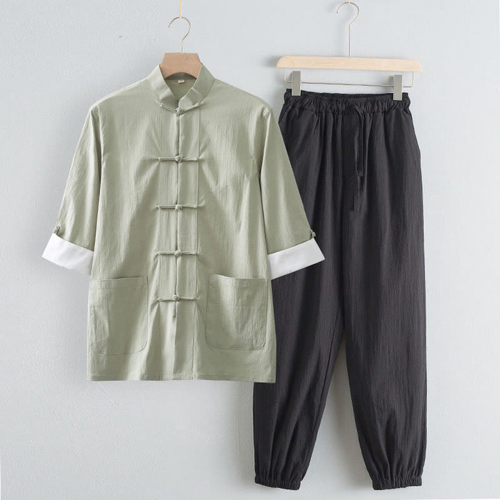 Buddha Stones唐蛙ボタン七分袖シャツパンツメンズスーツ