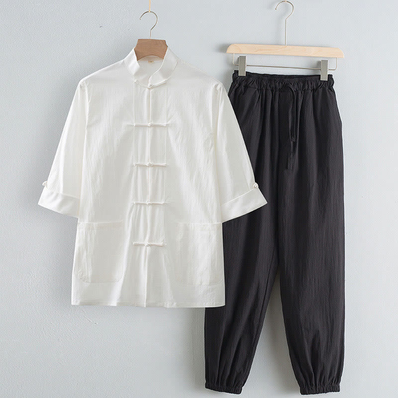 Buddha Stones唐蛙ボタン七分袖シャツパンツメンズスーツ