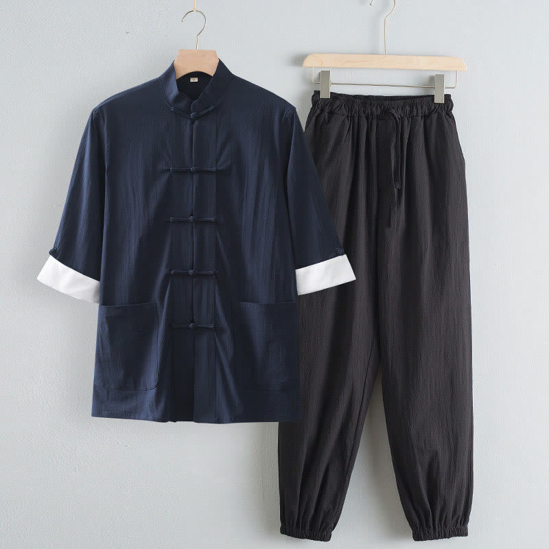 Buddha Stones唐蛙ボタン七分袖シャツパンツメンズスーツ