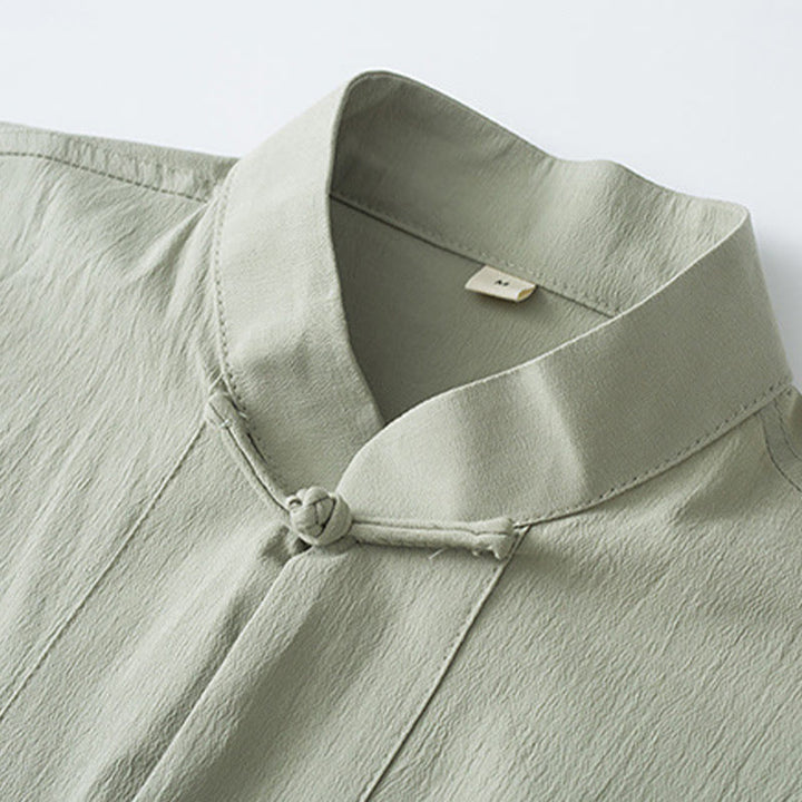 Buddha Stones唐蛙ボタン七分袖シャツパンツメンズスーツ