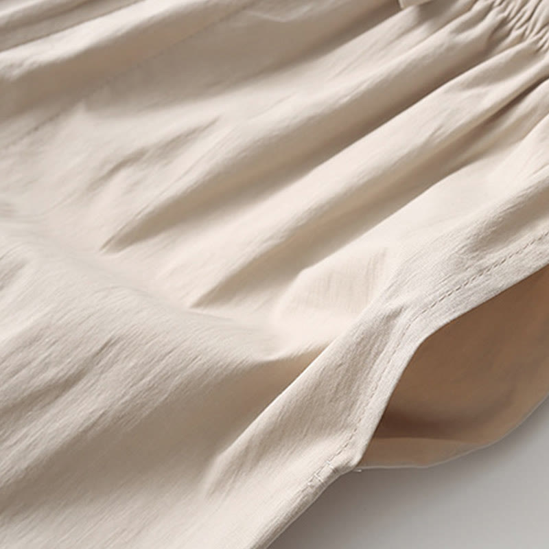 Buddha Stones Tang フロッグボタン 七分袖シャツ ワイドレッグパンツ コットンリネン メンズスーツ