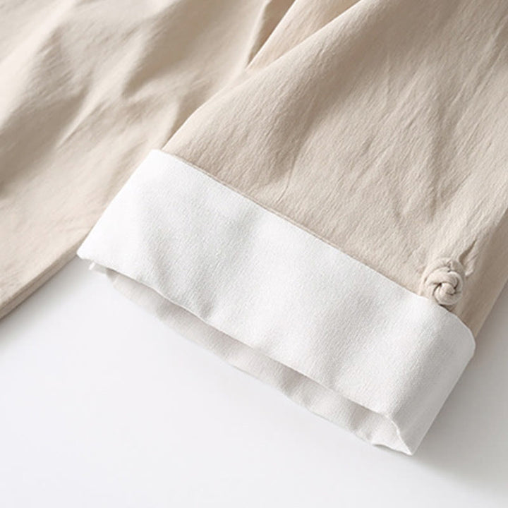 Buddha Stones Tang フロッグボタン 七分袖シャツ ワイドレッグパンツ コットンリネン メンズスーツ