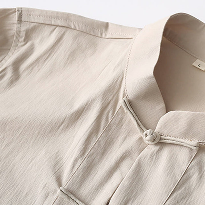 Buddha Stones Tang フロッグボタン 七分袖シャツ ワイドレッグパンツ コットンリネン メンズスーツ