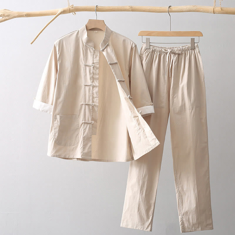 Buddha Stones Tang フロッグボタン 七分袖シャツ ワイドレッグパンツ コットンリネン メンズスーツ