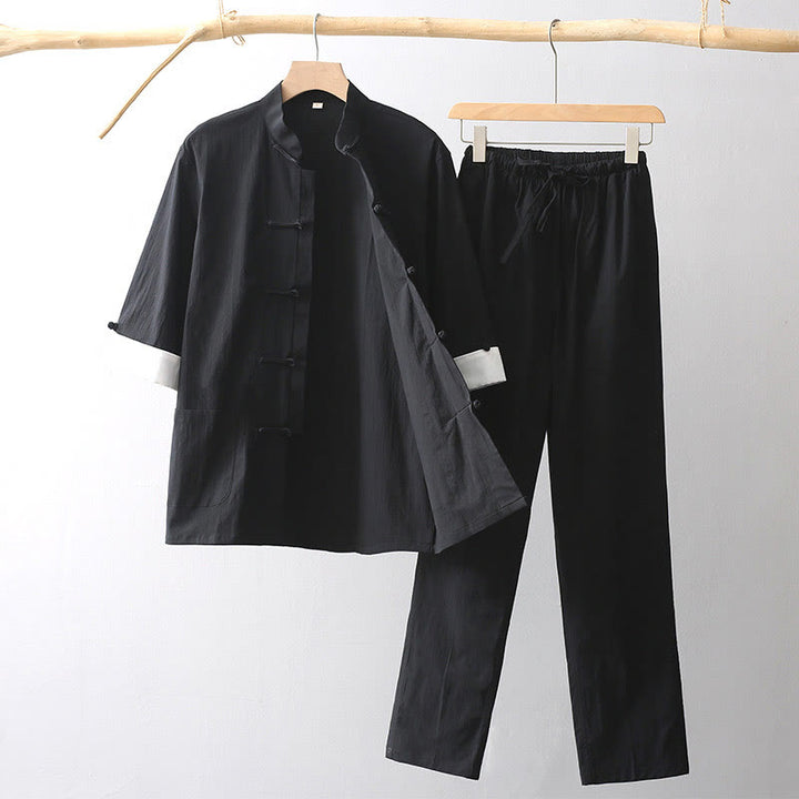 Buddha Stones Tang フロッグボタン 七分袖シャツ ワイドレッグパンツ コットンリネン メンズスーツ