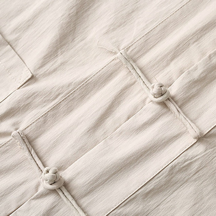 Buddha Stones Tang フロッグボタン 七分袖シャツ ワイドレッグパンツ コットンリネン メンズスーツ