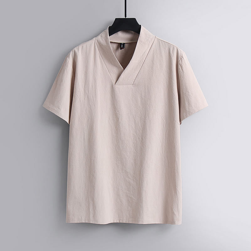 Buddha StonesゆったりメンズTシャツ 無地トップス 半袖 Vネック 通気性 リネンシャツ - ミスティローズ - US/UK/AU54、 EU64 (9XL) - image 5